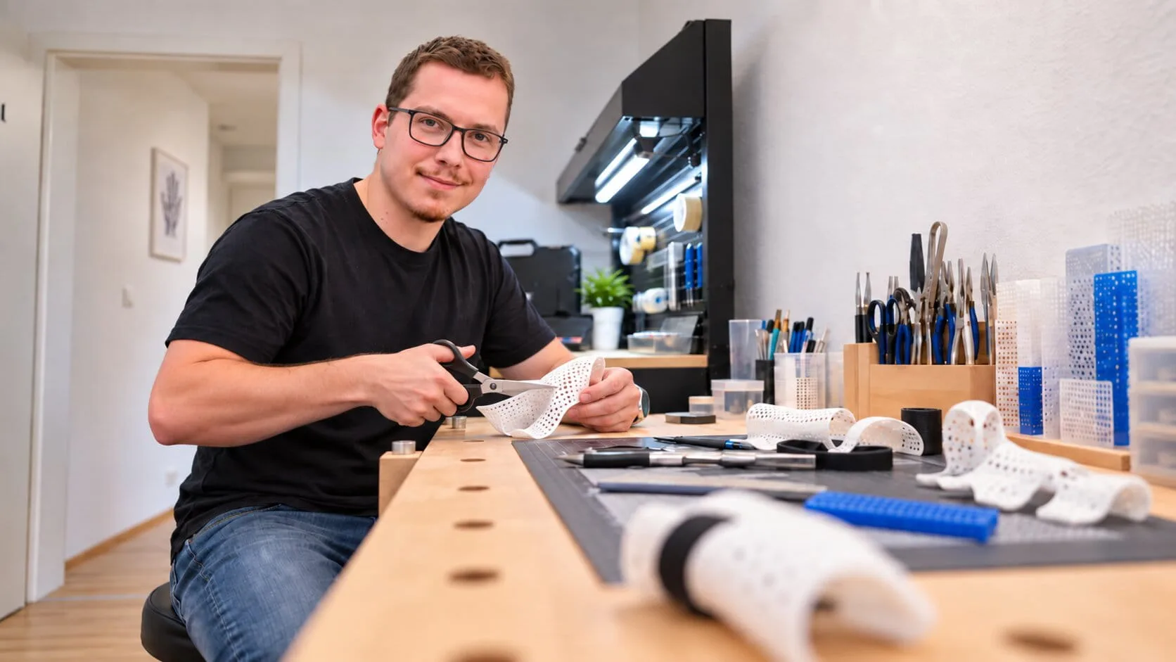 Luca Cilia schneidet thermoplastisches Material für eine Schiene in der Werkstatt der Praxis zurecht